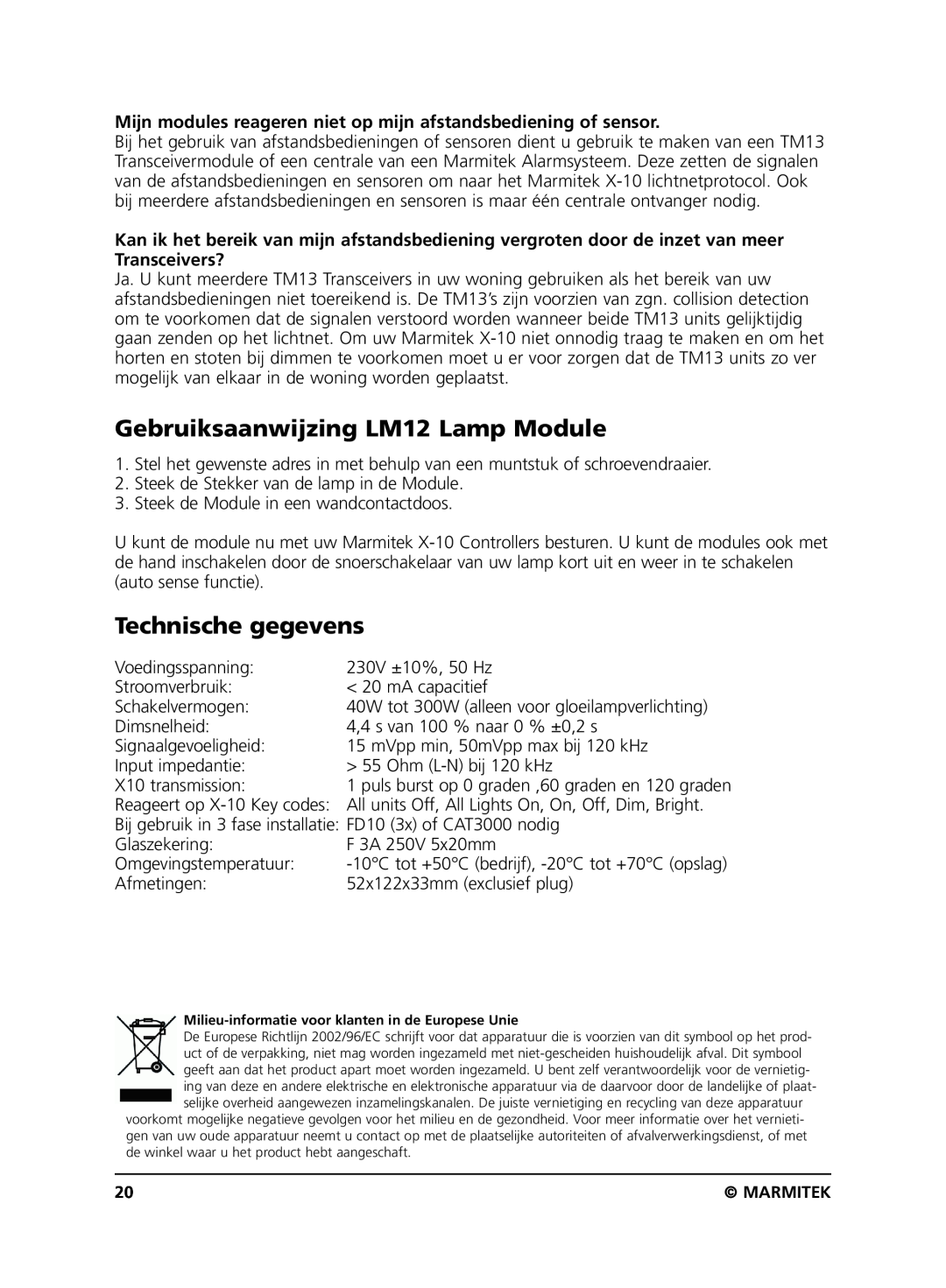 Marmitek user manual Gebruiksaanwijzing LM12 Lamp Module, Technische gegevens 