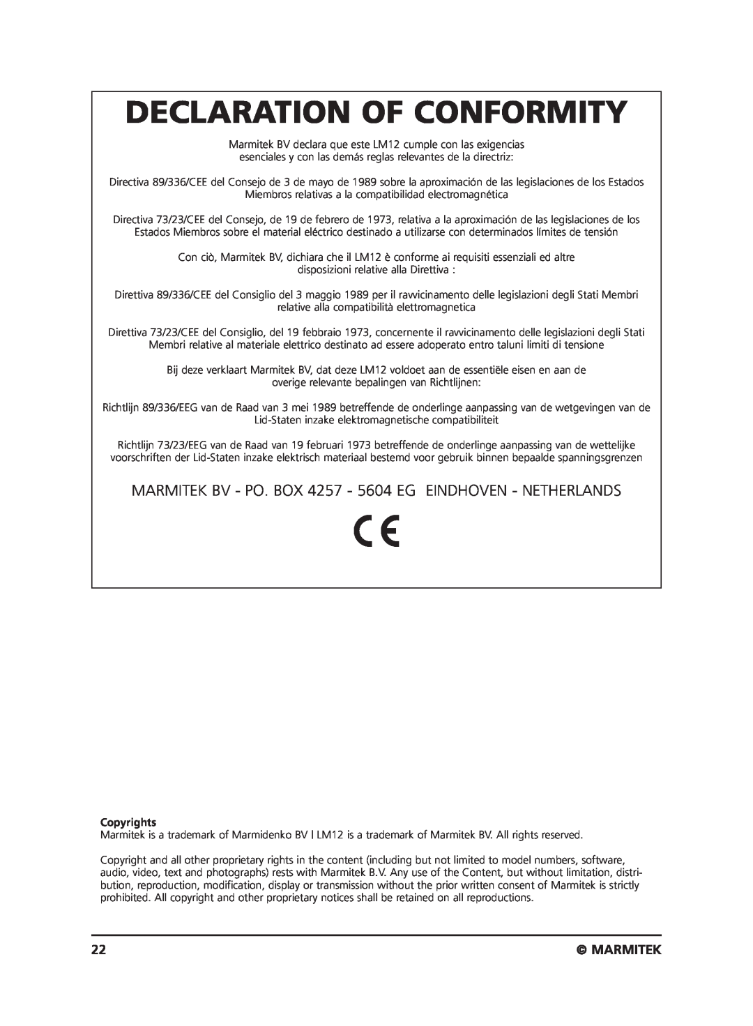 Marmitek LM12 user manual Declaration Of Conformity, Marmitek, Copyrights 