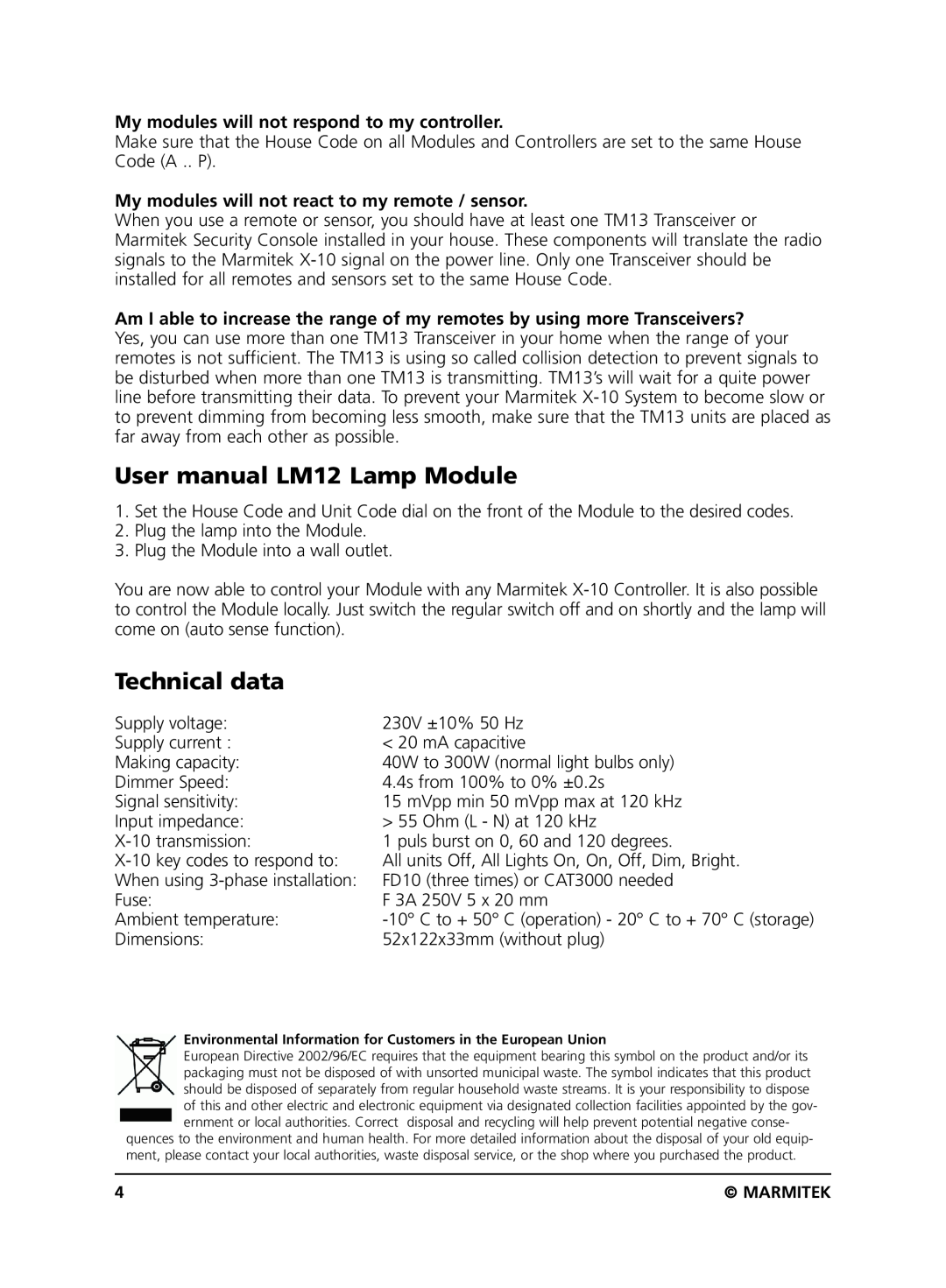 Marmitek LM12 user manual Technical data, My modules will not respond to my controller 