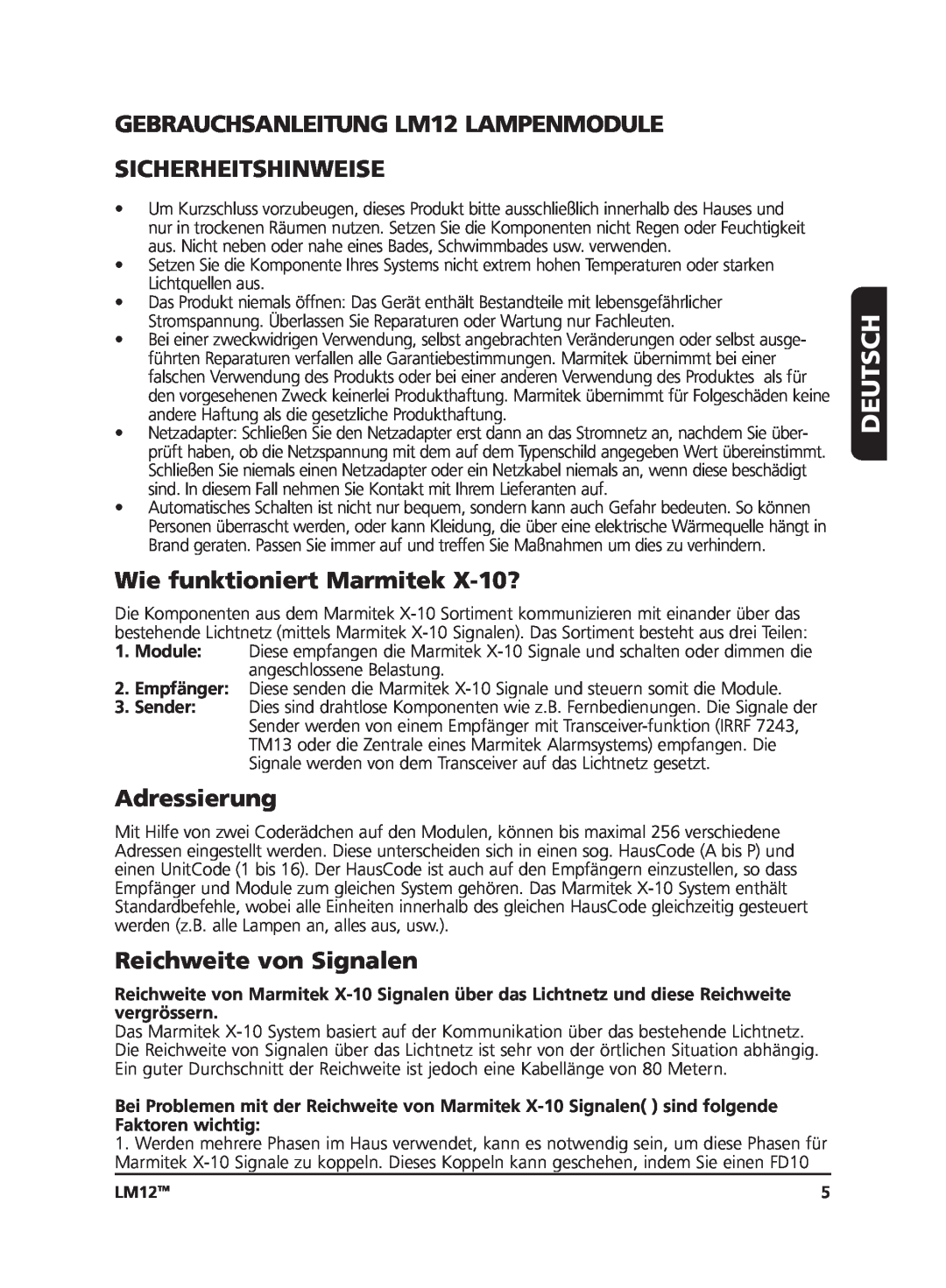 Marmitek user manual Deutsch, GEBRAUCHSANLEITUNG LM12 LAMPENMODULE, Sicherheitshinweise, Wie funktioniert Marmitek X-10? 