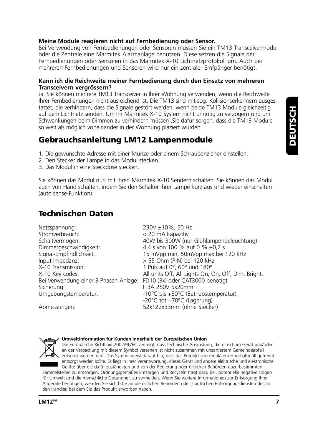 Marmitek user manual Gebrauchsanleitung LM12 Lampenmodule, Technischen Daten, Deutsch 