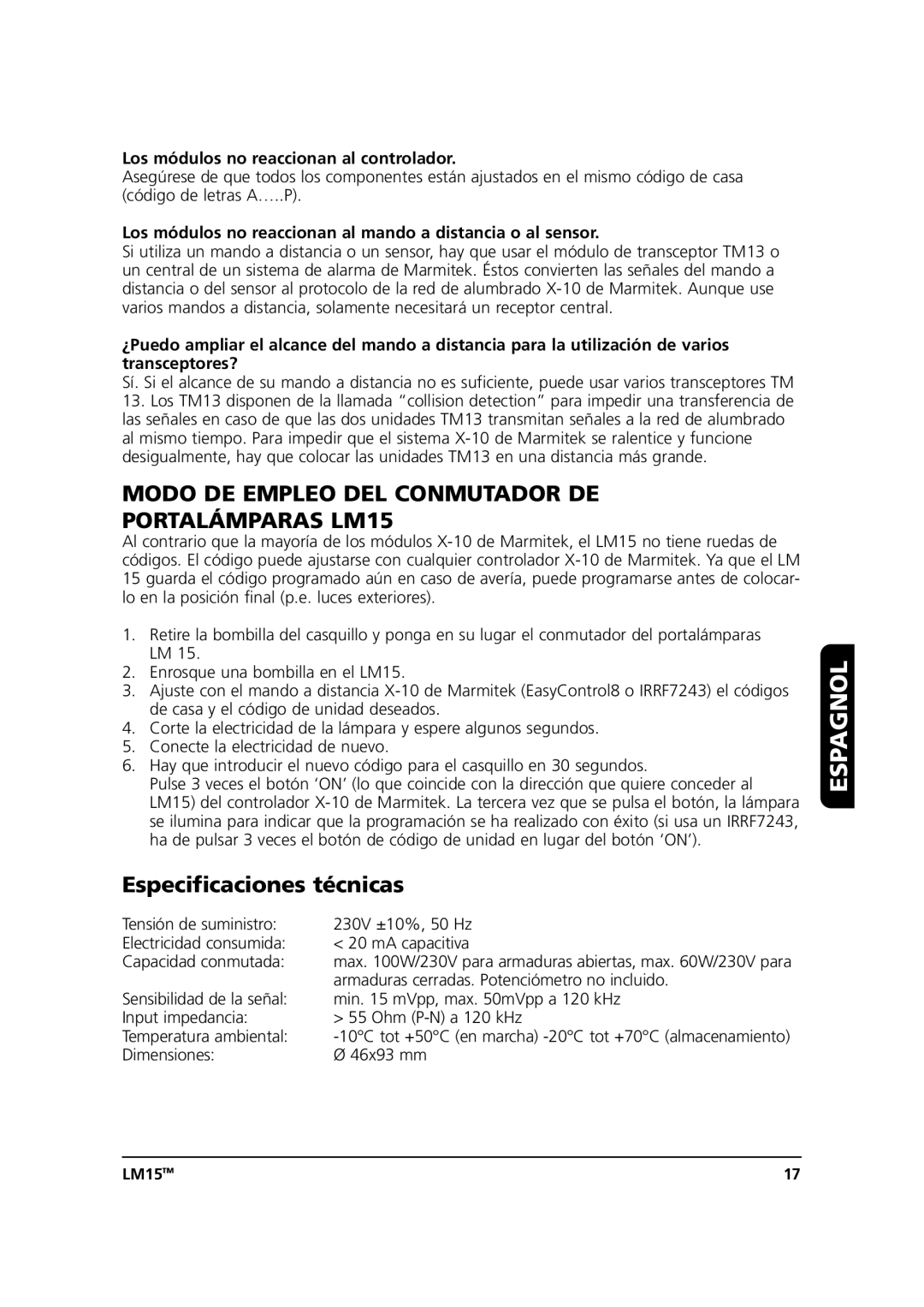 Marmitek user manual Modo DE Empleo DEL Conmutador DE Portalámparas LM15, Especificaciones técnicas 