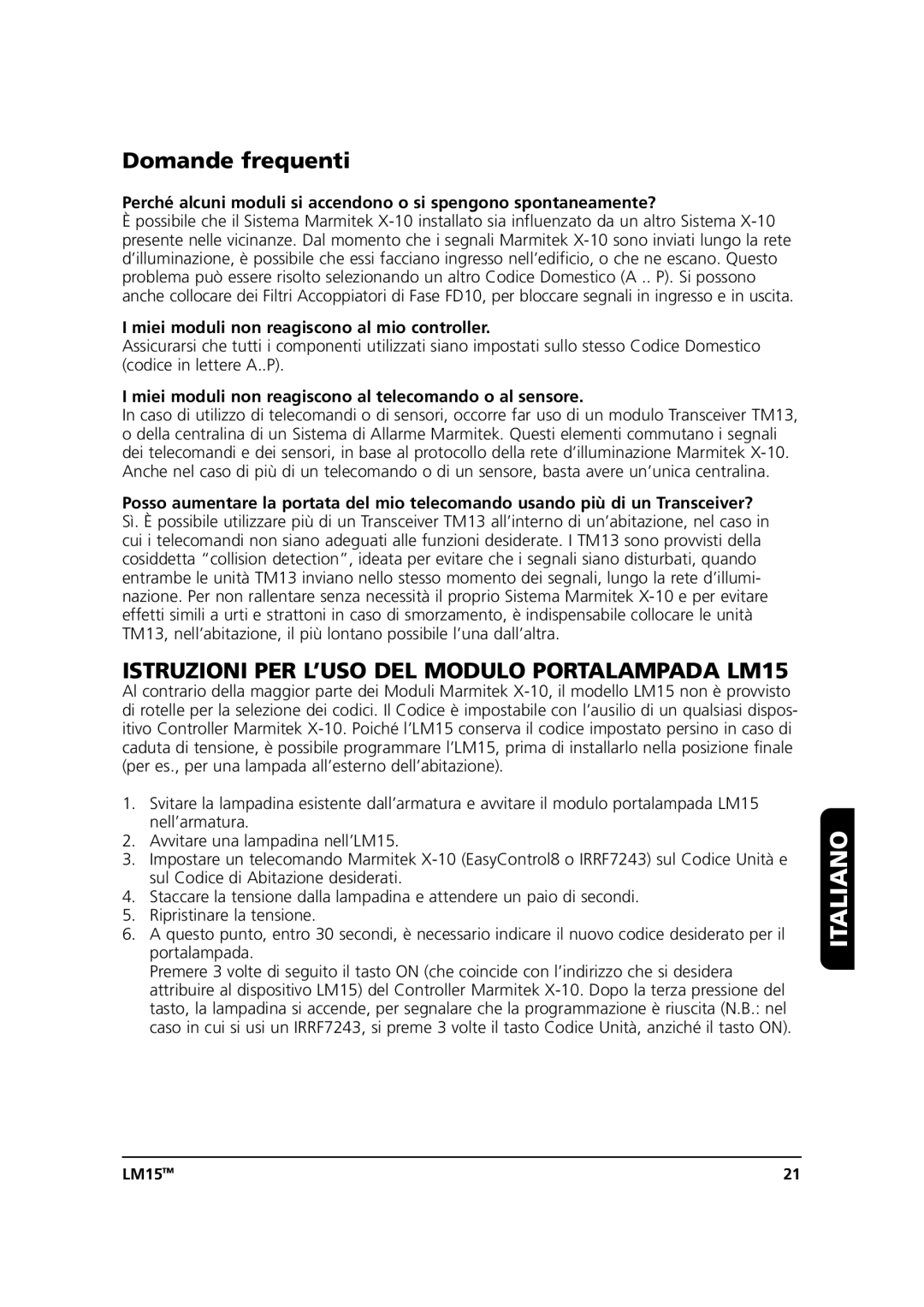 Marmitek user manual Domande frequenti, Istruzioni PER L’USO DEL Modulo Portalampada LM15 