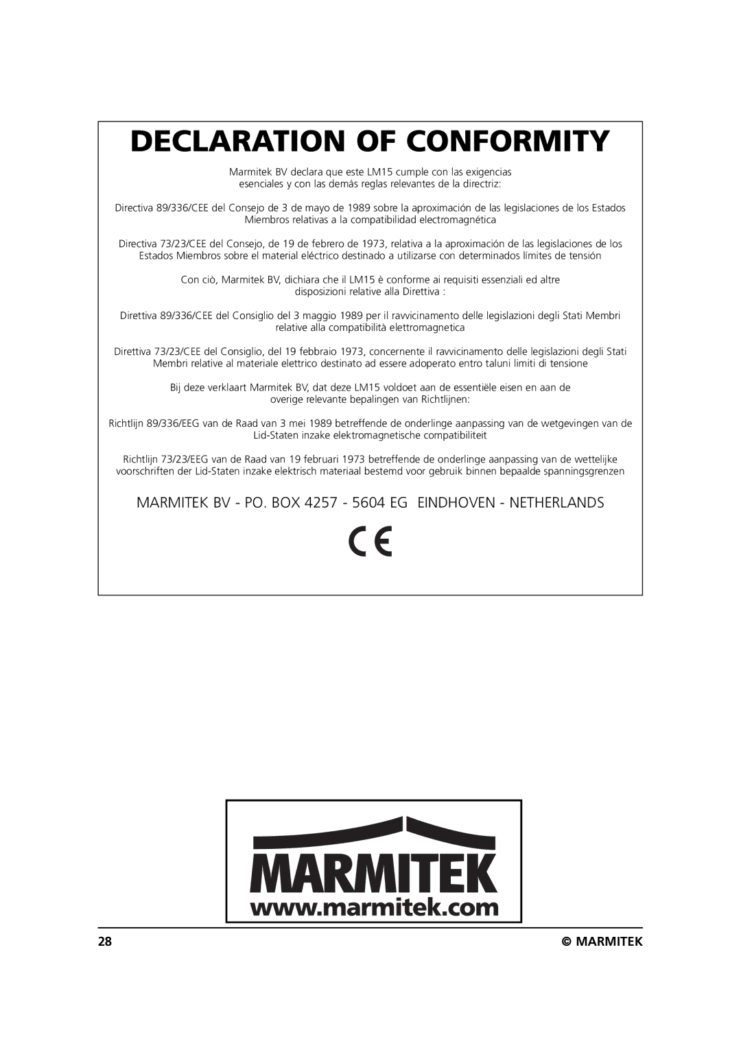 Marmitek LM15 user manual Declaration of Conformity 