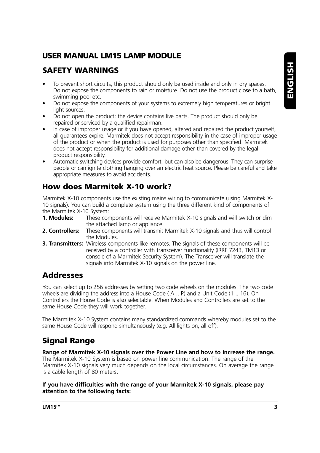 Marmitek LM15 user manual English, Safety Warnings, How does Marmitek X-10 work?, Addresses, Signal Range 