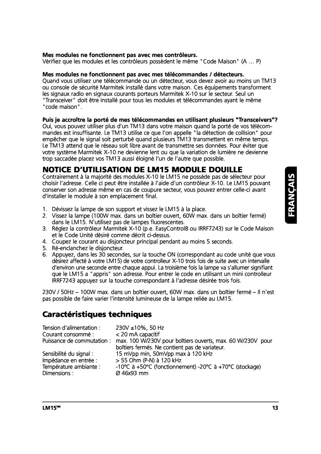 Marmitek user manual NOTICE D’UTILISATION DE LM15 MODULE DOUILLE, Caractéristiques techniques, Français, LM15TM 