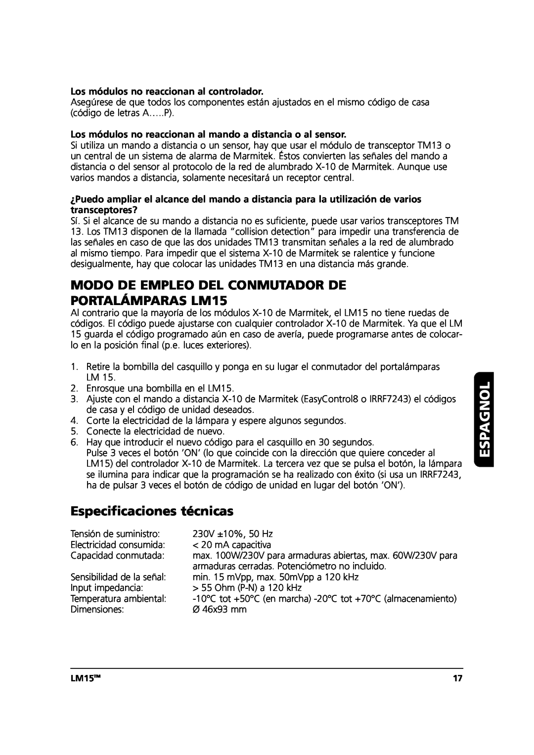Marmitek user manual Modo De Empleo Del Conmutador De, PORTALÁMPARAS LM15, Especificaciones técnicas, Espagnol, LM15TM 