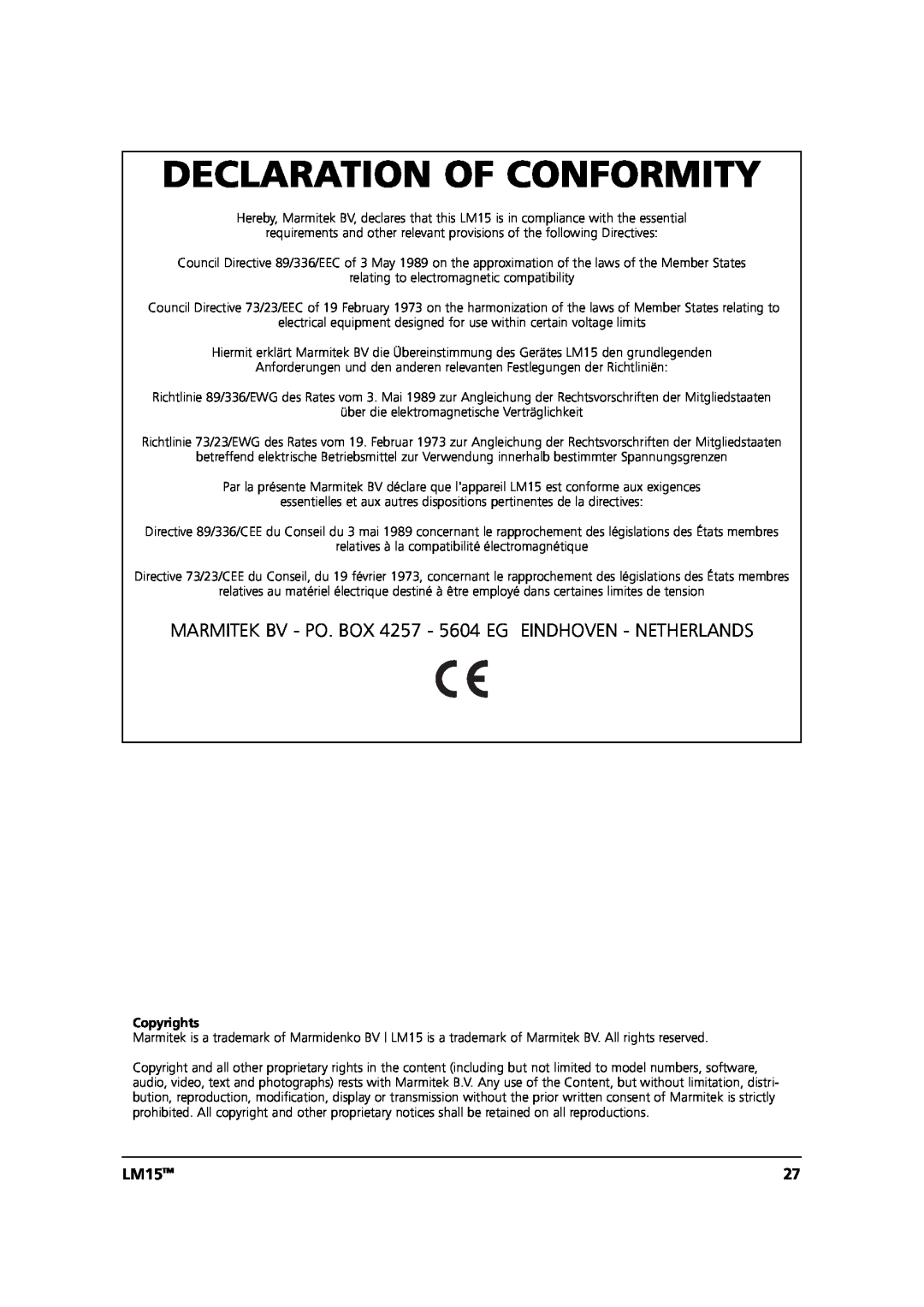 Marmitek user manual Declaration Of Conformity, LM15TM, Copyrights 