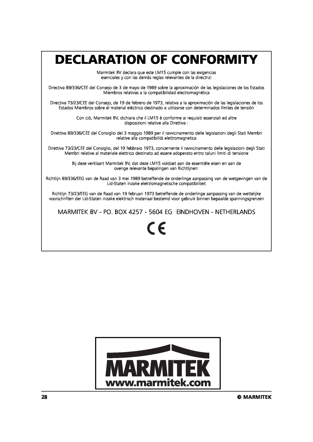 Marmitek LM15 user manual Declaration Of Conformity, Marmitek 