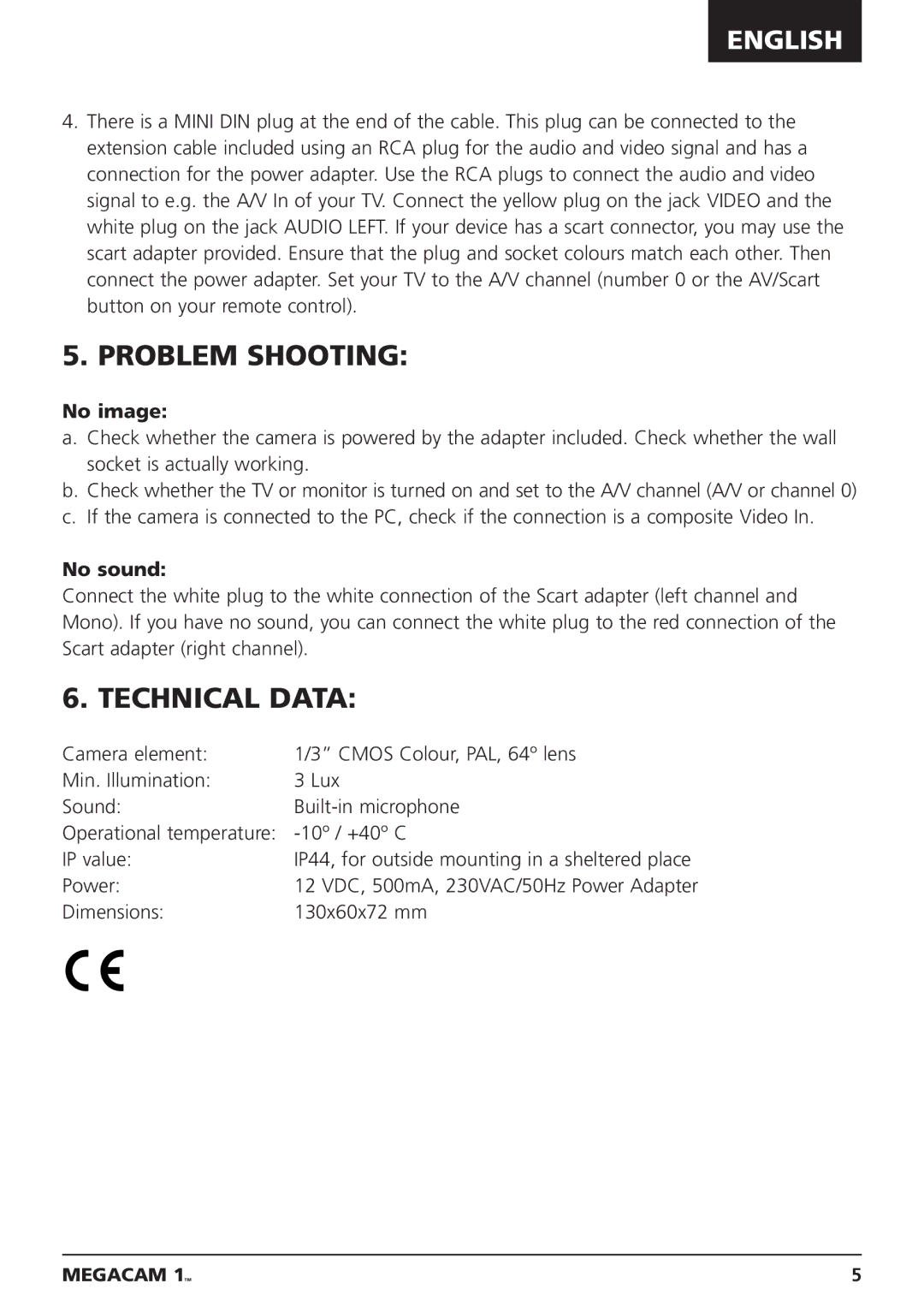 Marmitek MEGACAM1 user manual Problem Shooting, Technical Data, No image, No sound 