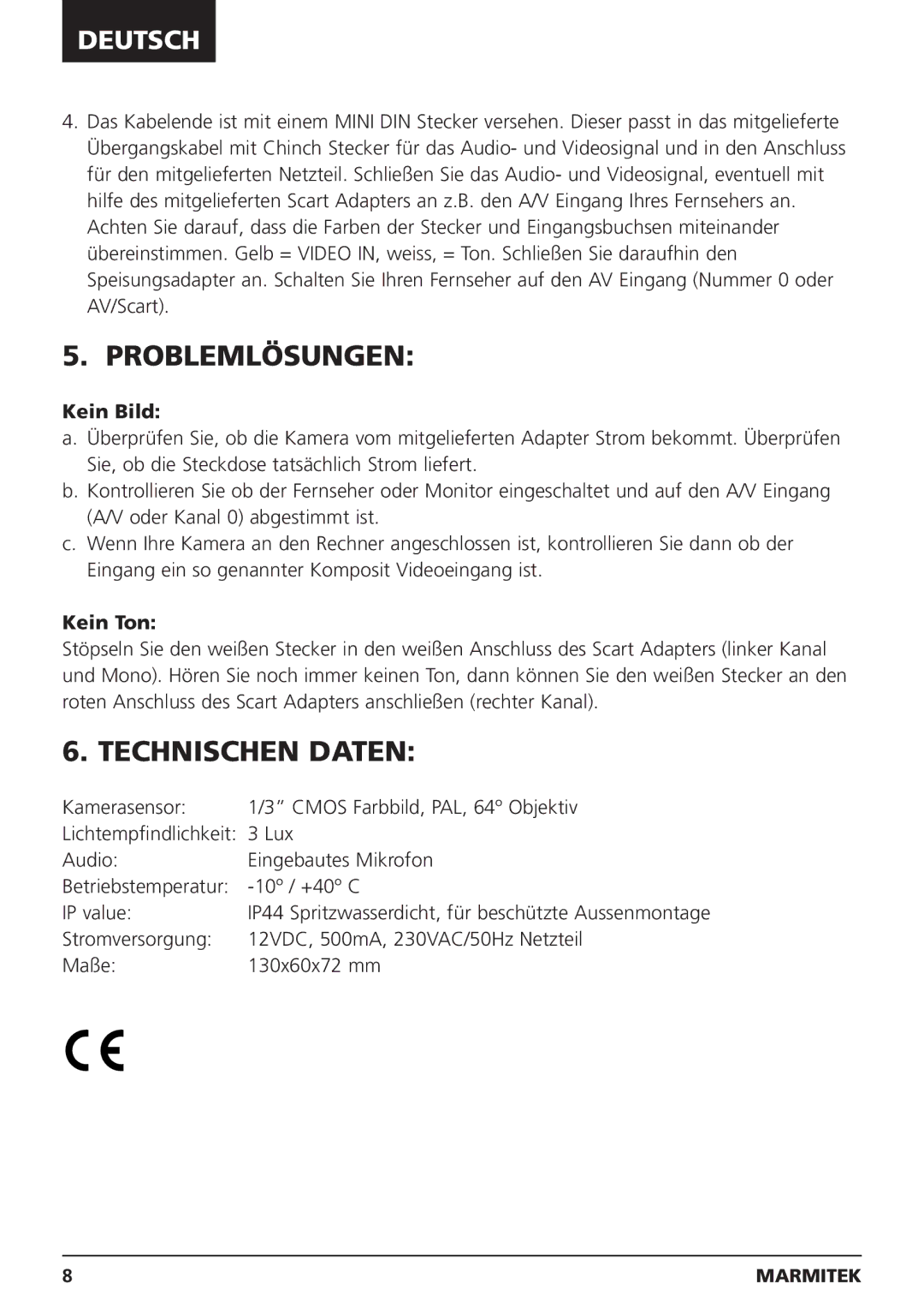 Marmitek MEGACAM1 user manual Problemlösungen, Technischen Daten, Kein Bild, Kein Ton 