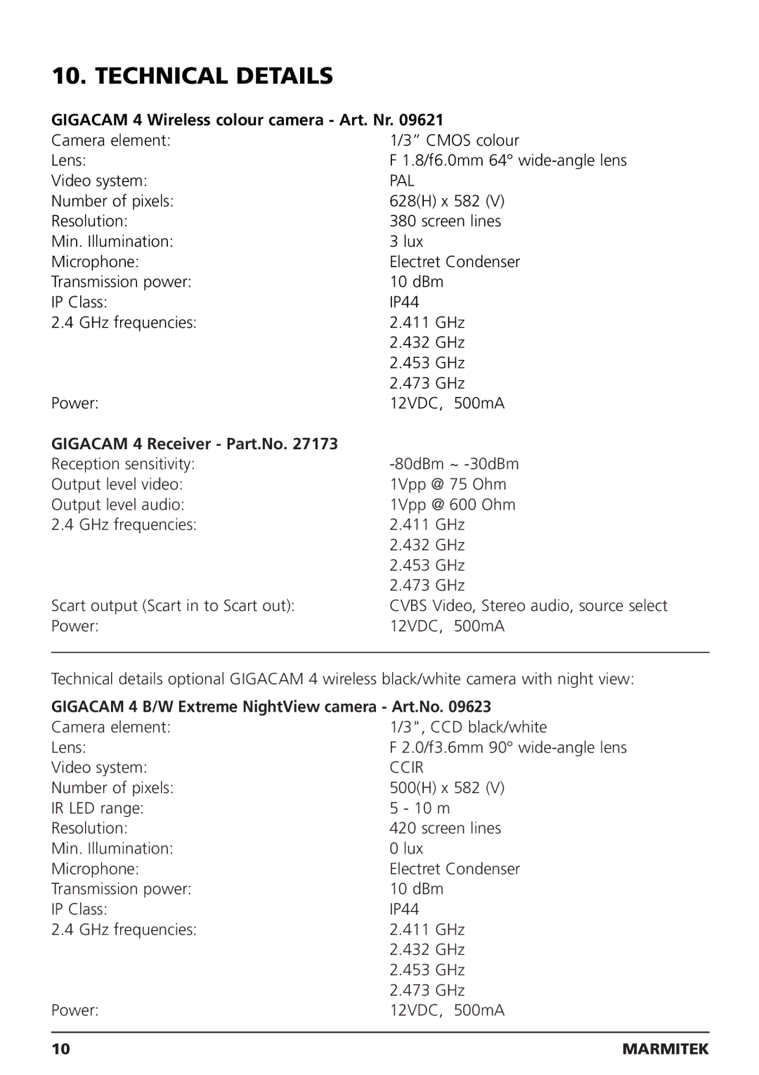 Marmitek MEGACAM4 user manual Technical Details, Gigacam 4 Wireless colour camera Art. Nr 