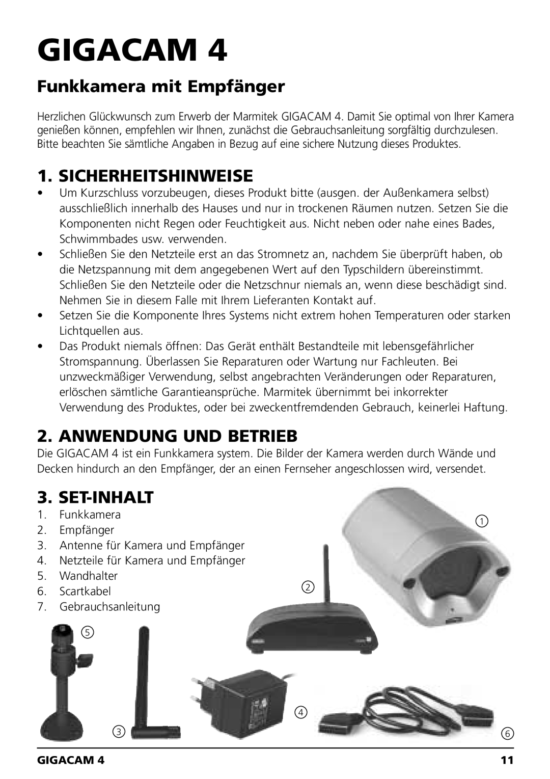 Marmitek MEGACAM4 user manual Sicherheitshinweise, Anwendung UND Betrieb, Set-Inhalt 