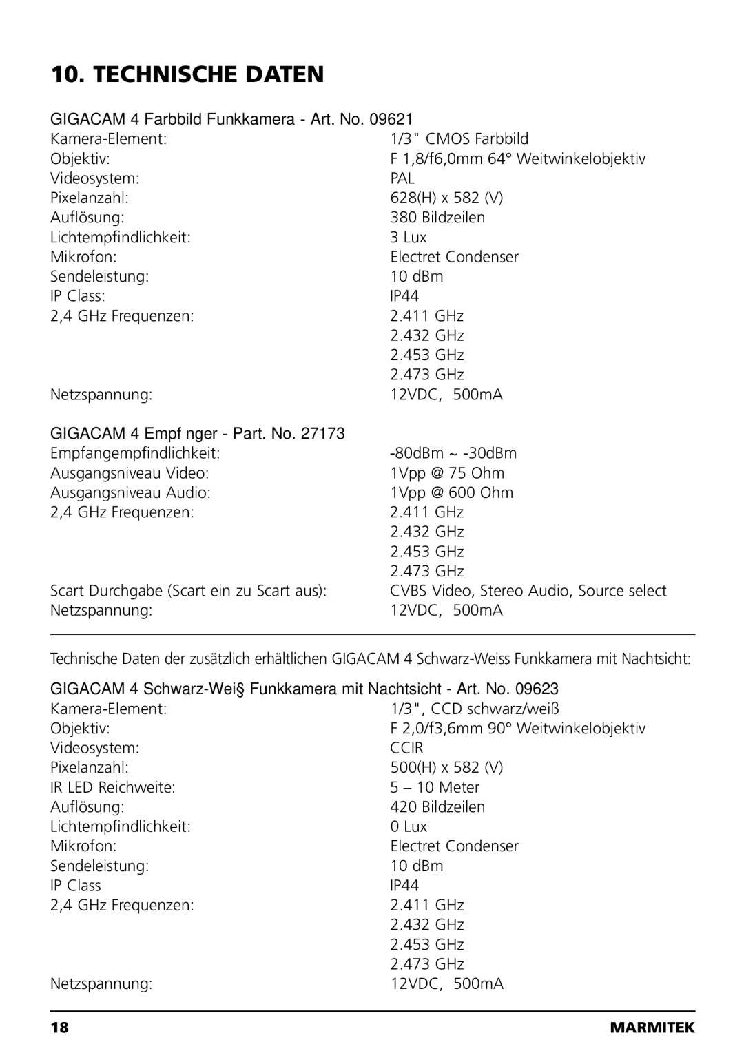 Marmitek MEGACAM4 user manual Technische Daten, Gigacam 4 Farbbild Funkkamera Art. No, Gigacam 4 Empfänger Part. No 