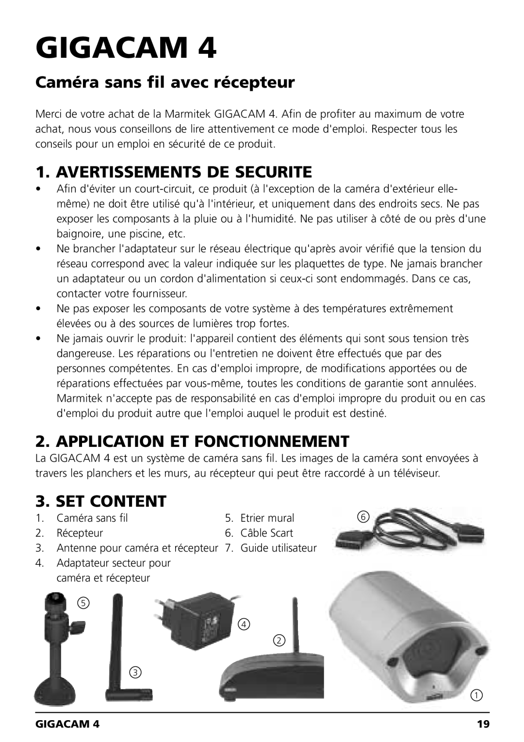 Marmitek MEGACAM4 user manual Avertissements DE Securite, Application ET Fonctionnement 