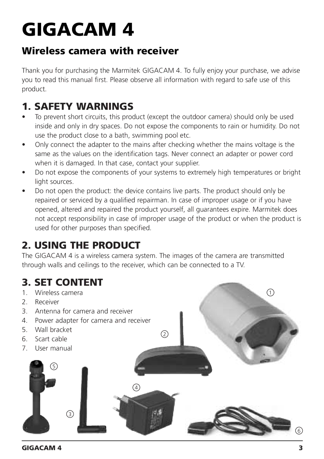 Marmitek MEGACAM4 user manual Safety Warnings, Using the Product, SET Content 