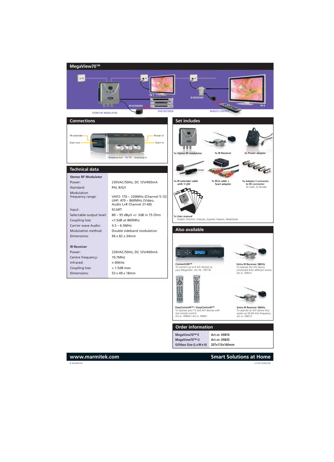 Marmitek manual MegaView70TM, Connections, Technical data, Also available, Order information 