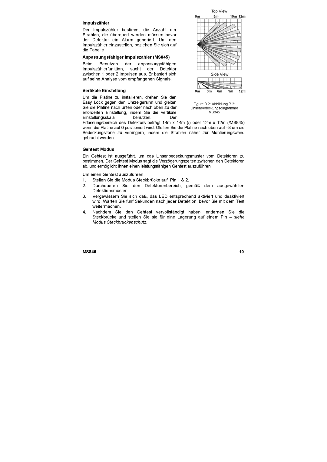 Marmitek user manual Anpassungsfähiger Impulszähler MS845, Vertikale Einstellung, Gehtest Modus 