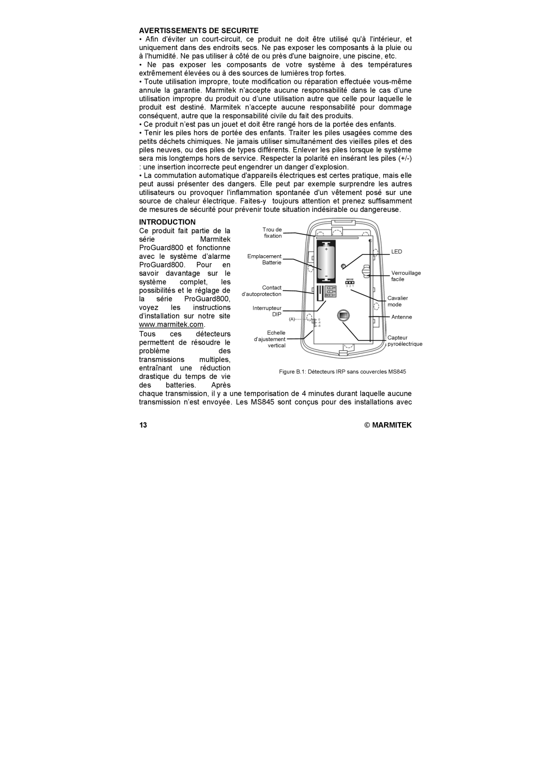 Marmitek MS845 user manual Avertissements DE Securite, Introduction 