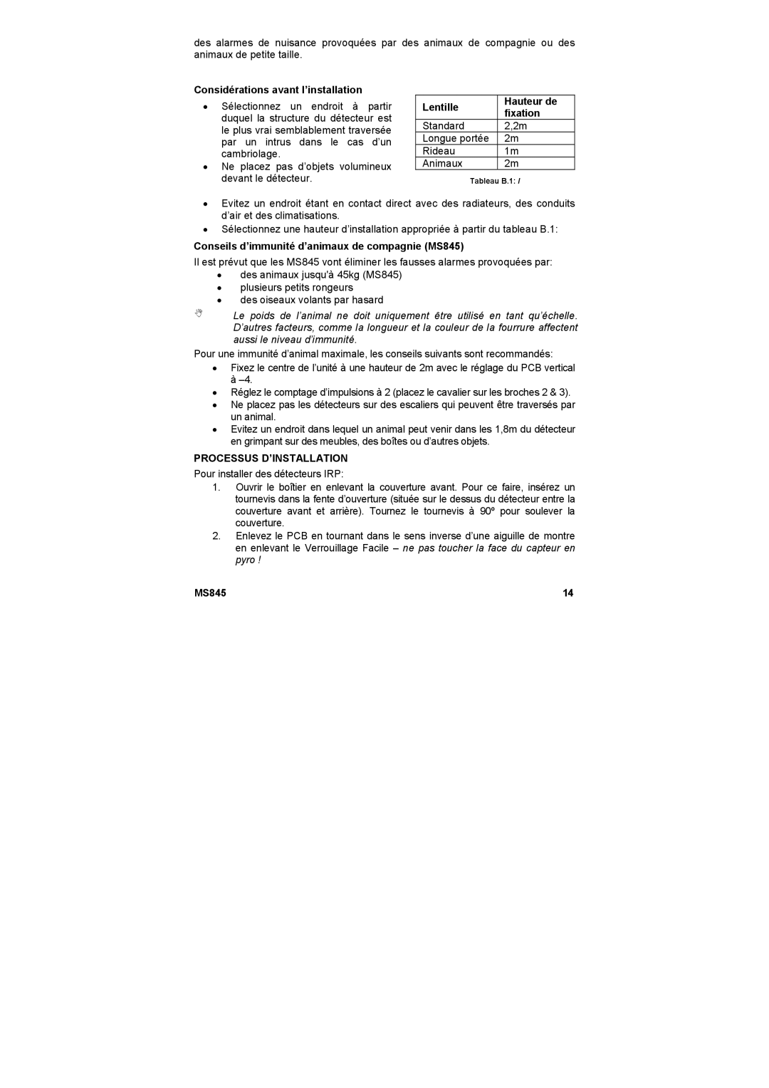 Marmitek MS845 user manual Considérations avant l’installation, Lentille Hauteur de Fixation, Processus D’INSTALLATION 