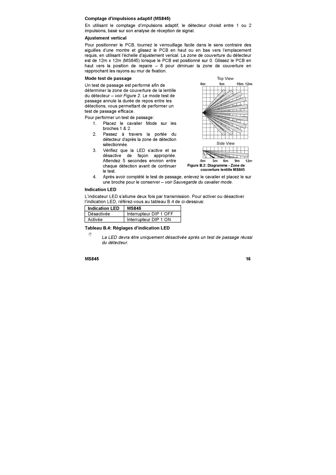 Marmitek user manual Comptage d’impulsions adaptif MS845, Ajustement vertical, Mode test de passage, Indication LED 