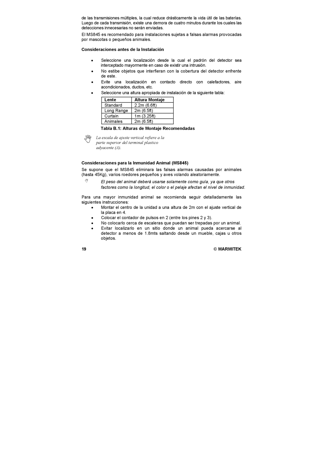 Marmitek MS845 Consideraciones antes de la Instalación, Lente Altura Montaje, Tabla B.1 Alturas de Montaje Recomendadas 