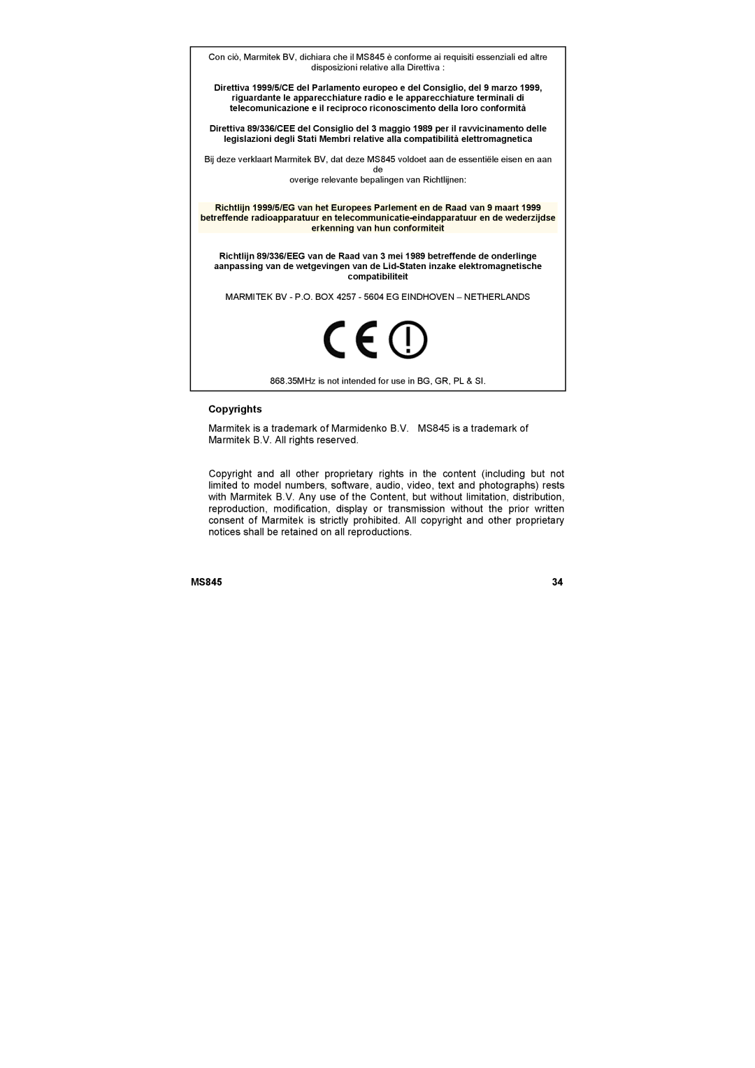 Marmitek MS845 user manual Copyrights 