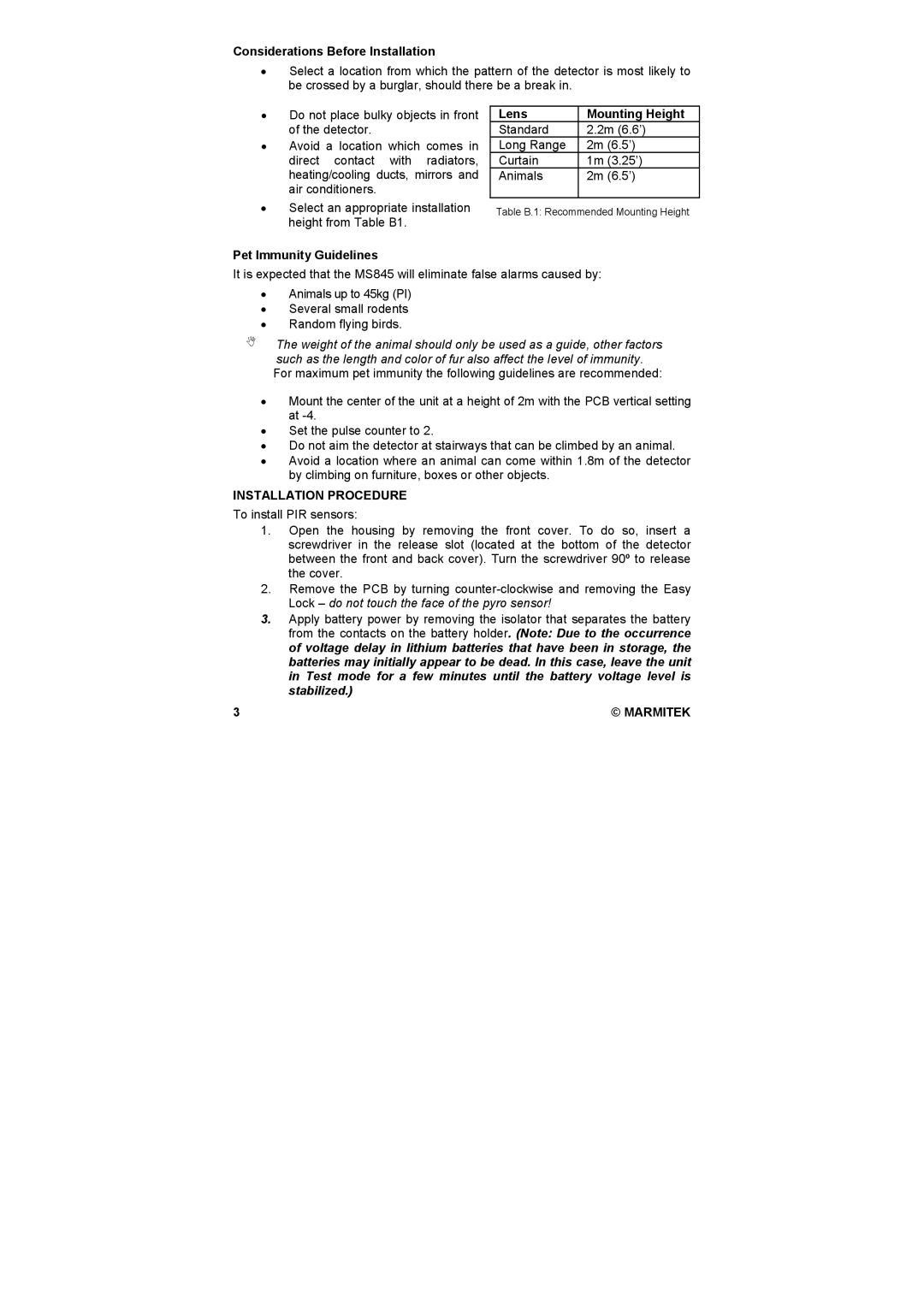 Marmitek MS845 Considerations Before Installation, Lens Mounting Height, Pet Immunity Guidelines, Installation Procedure 