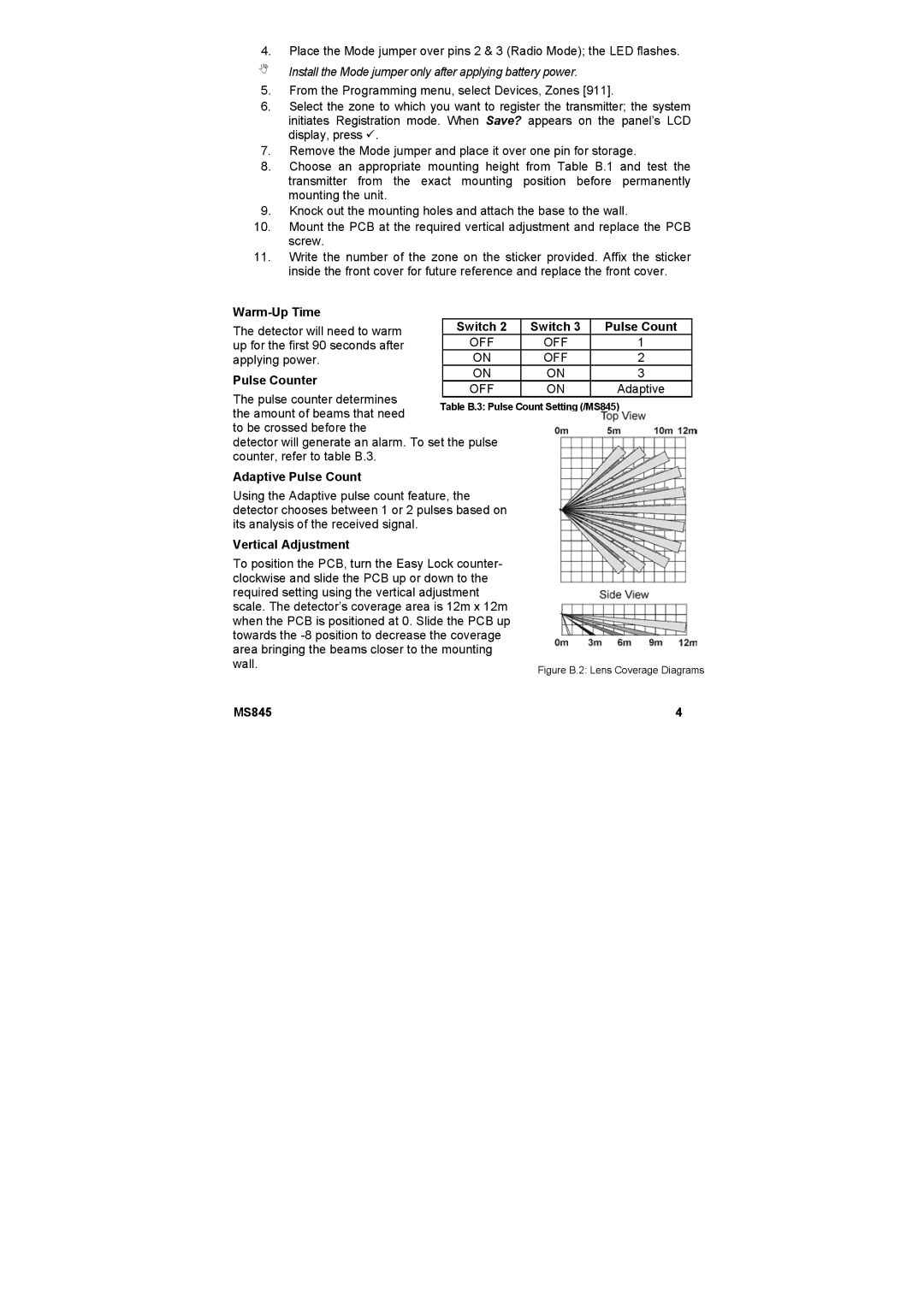 Marmitek MS845 user manual Warm-Up Time, Pulse Counter, Adaptive Pulse Count, Vertical Adjustment 