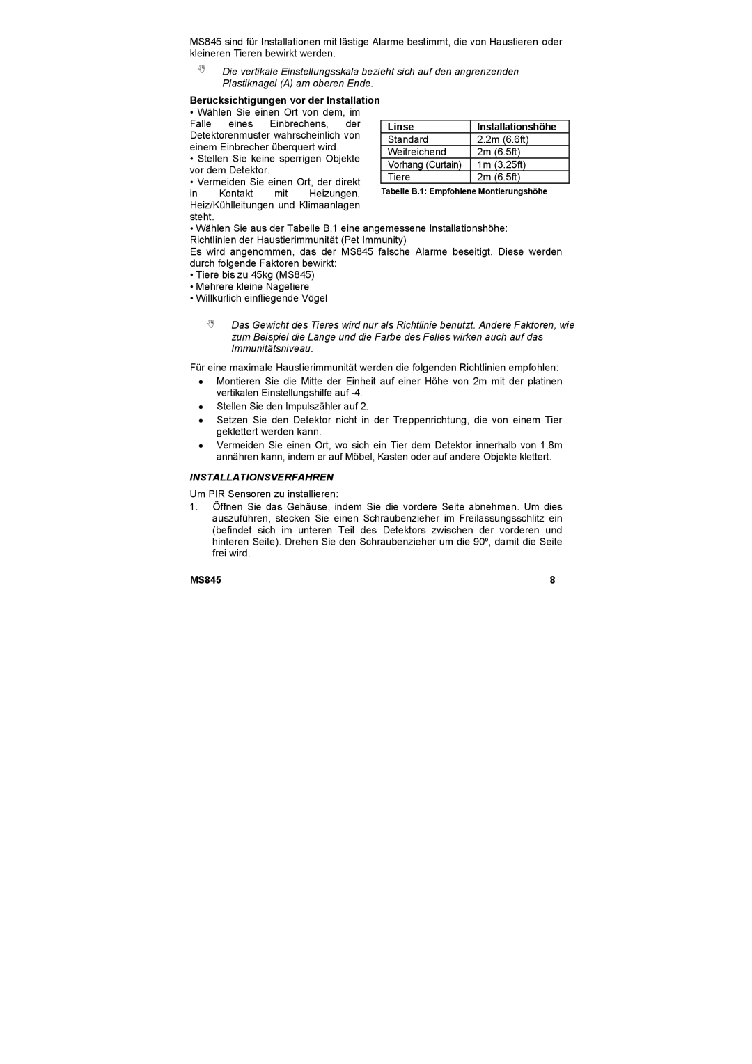 Marmitek MS845 user manual Linse Installationshöhe, Installationsverfahren 