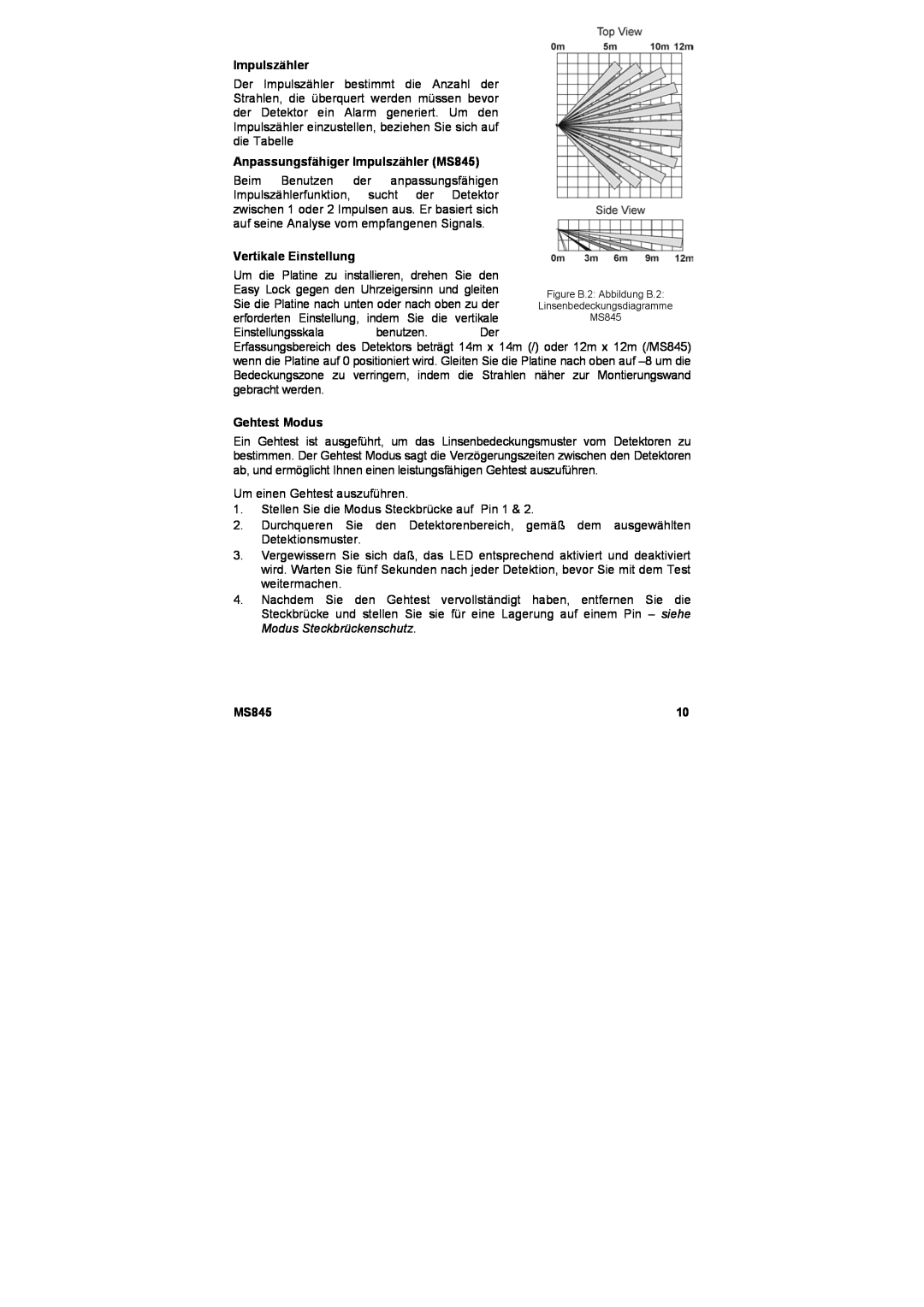 Marmitek user manual Anpassungsfähiger Impulszähler MS845, Vertikale Einstellung, Gehtest Modus 