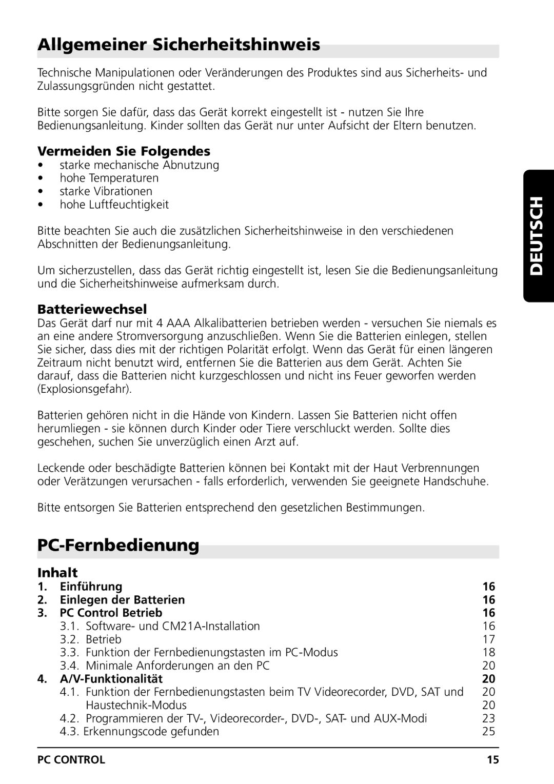 Marmitek PC CONTROL Allgemeiner Sicherheitshinweis, PC-Fernbedienung, Vermeiden Sie Folgendes, Batteriewechsel, Inhalt 