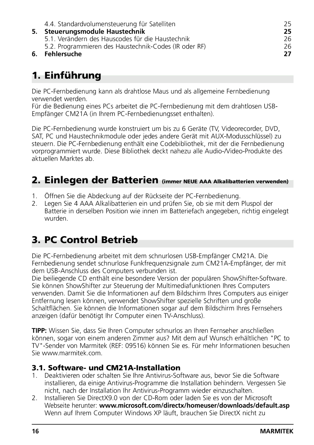 Marmitek PC CONTROL Einführung, PC Control Betrieb, Software- und CM21A-Installation, Steuerungsmodule Haustechnik 