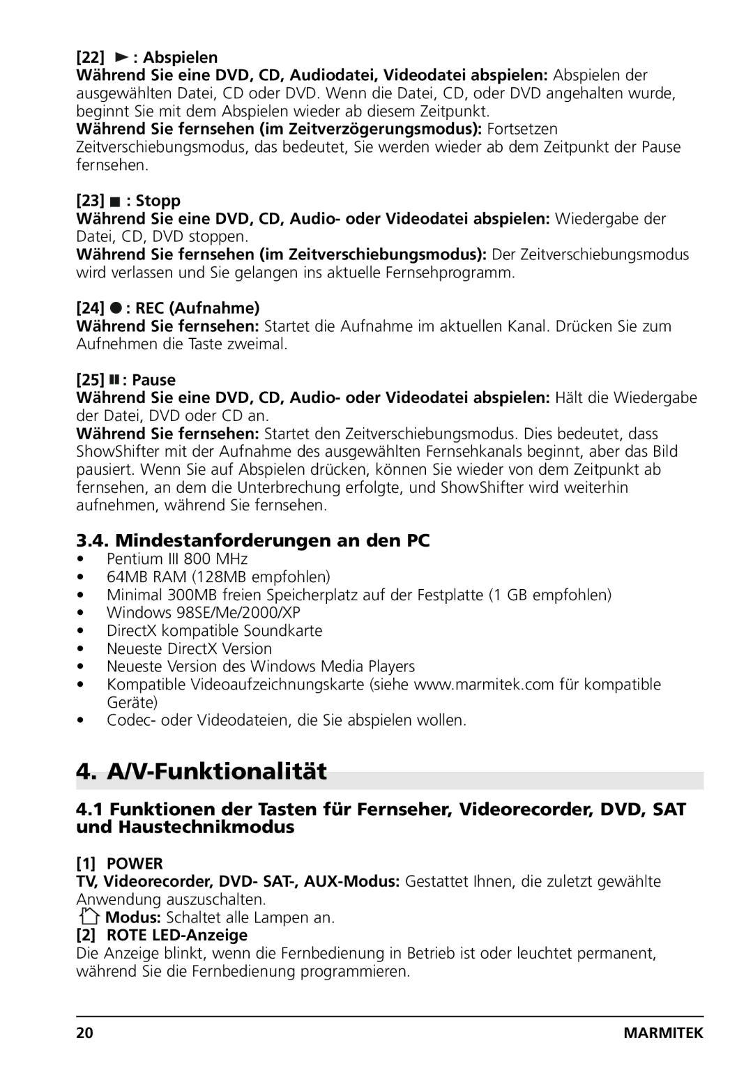 Marmitek PC CONTROL owner manual V-Funktionalität, Mindestanforderungen an den PC, REC Aufnahme 