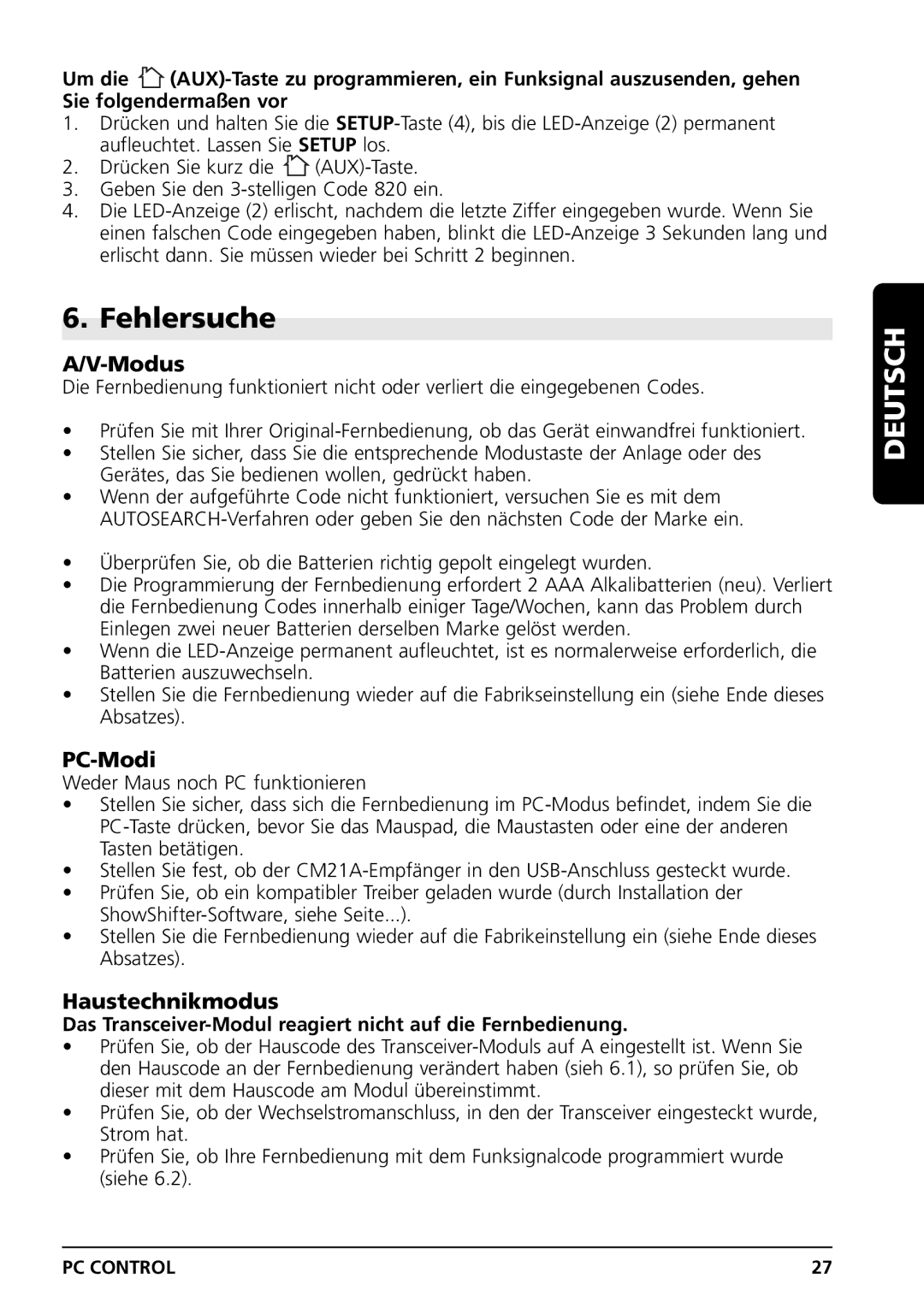 Marmitek PC CONTROL owner manual Fehlersuche, Modus, PC-Modi, Haustechnikmodus 