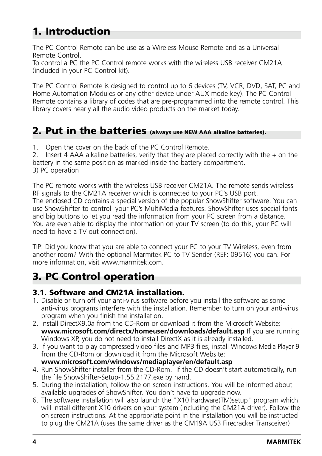 Marmitek PC CONTROL owner manual Introduction, PC Control operation, Software and CM21A installation 