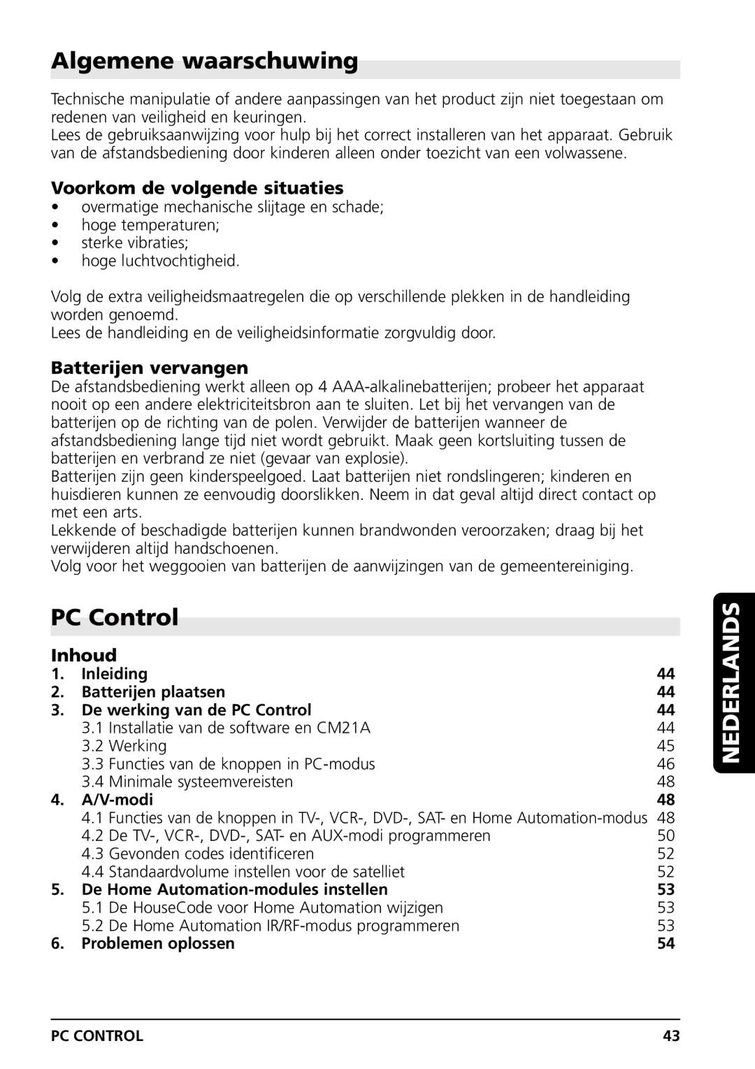 Marmitek PC CONTROL Algemene waarschuwing, PC Control, Voorkom de volgende situaties, Batterijen vervangen, Inhoud 