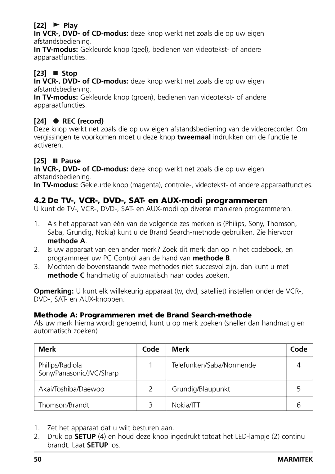 Marmitek PC CONTROL De TV-, VCR-, DVD-, SAT- en AUX-modi programmeren, Methode a Programmeren met de Brand Search-methode 