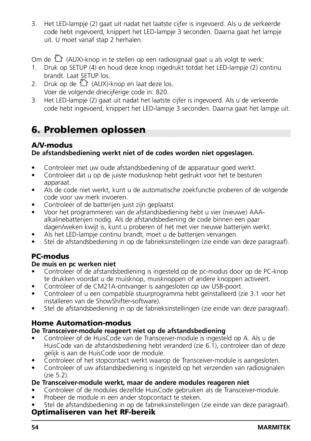 Marmitek PC CONTROL owner manual Problemen oplossen, PC-modus, Home Automation-modus, Optimaliseren van het RF-bereik 