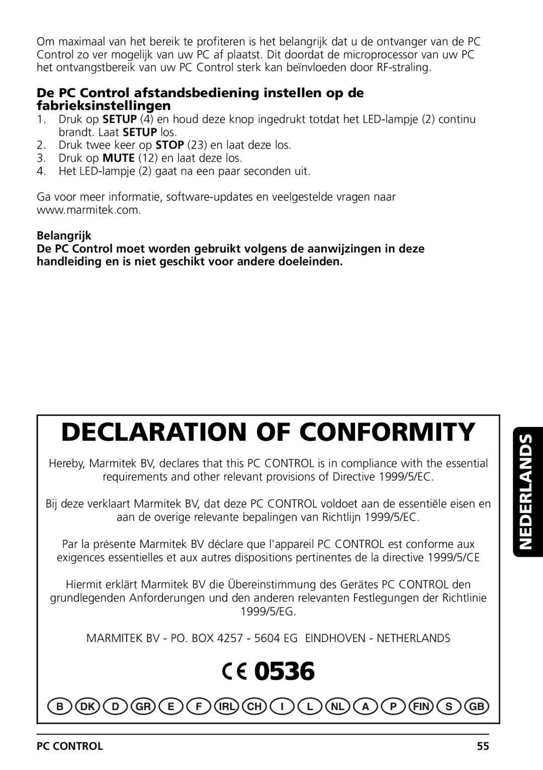 Marmitek PC CONTROL owner manual Declaration of Conformity 