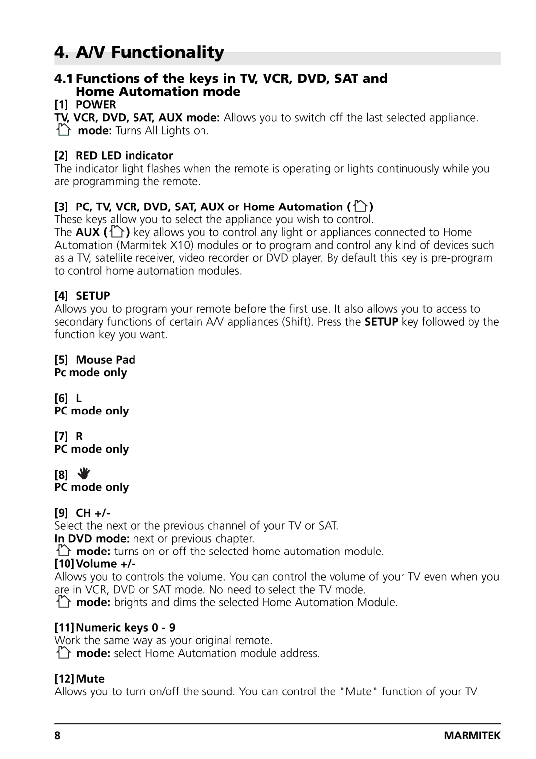 Marmitek PC CONTROL owner manual V Functionality 