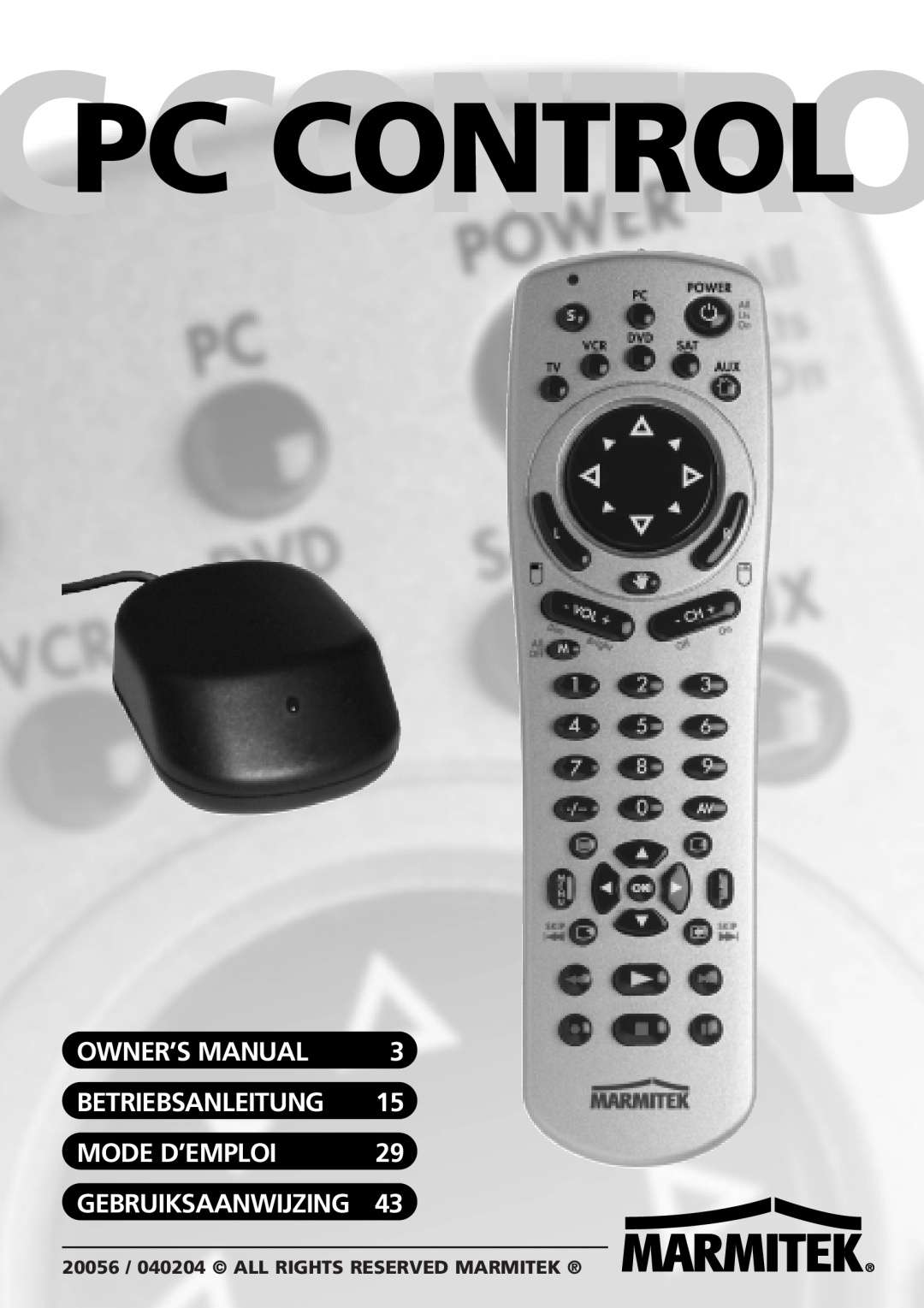 Marmitek PC CONTROL owner manual Cpccontrocontrol, Owner’S Manual, Mode D’Emploi, Betriebsanleitung, Gebruiksaanwijzing 