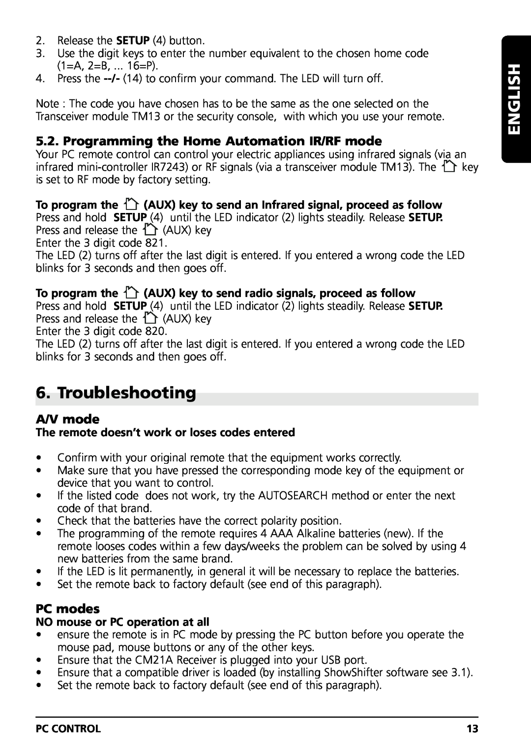 Marmitek PC CONTROL owner manual Troubleshooting, Programming the Home Automation IR/RF mode, A/V mode, PC modes, English 