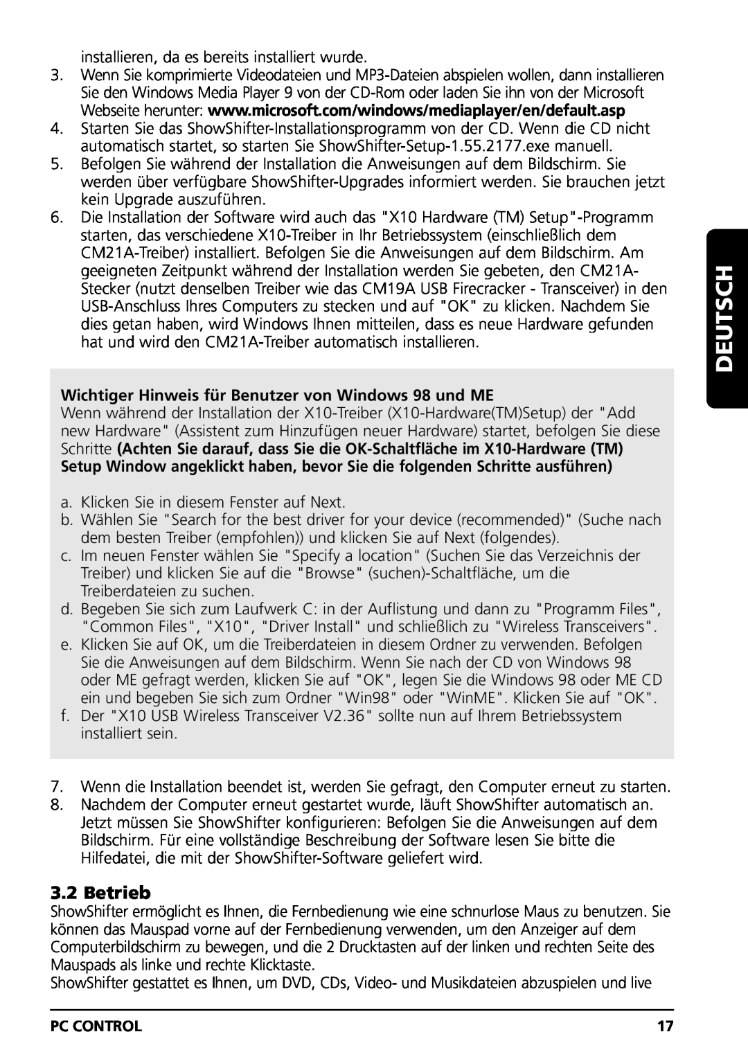 Marmitek PC CONTROL owner manual Betrieb, Wichtiger Hinweis für Benutzer von Windows 98 und ME, Deutsch 