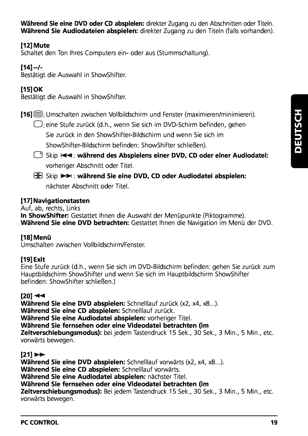 Marmitek PC CONTROL owner manual 15OK, 17Navigationstasten Auf, ab, rechts, Links, 18Menü, Deutsch, 12Mute, 19Exit 