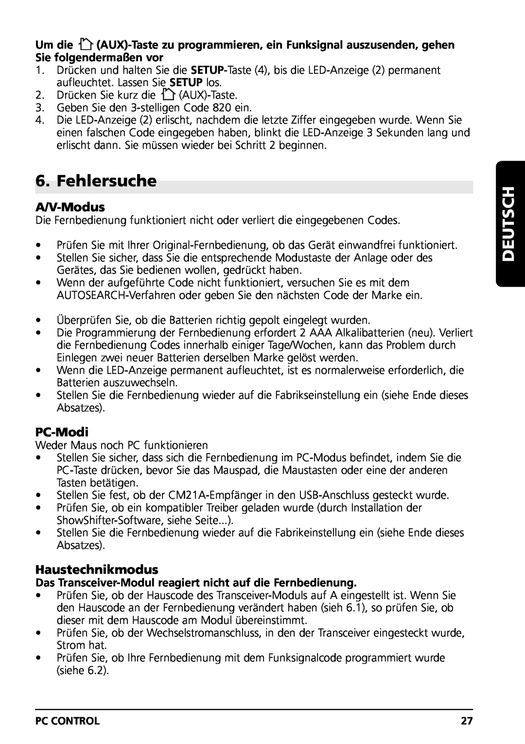 Marmitek PC CONTROL owner manual Fehlersuche, A/V-Modus, PC-Modi, Haustechnikmodus, Deutsch 
