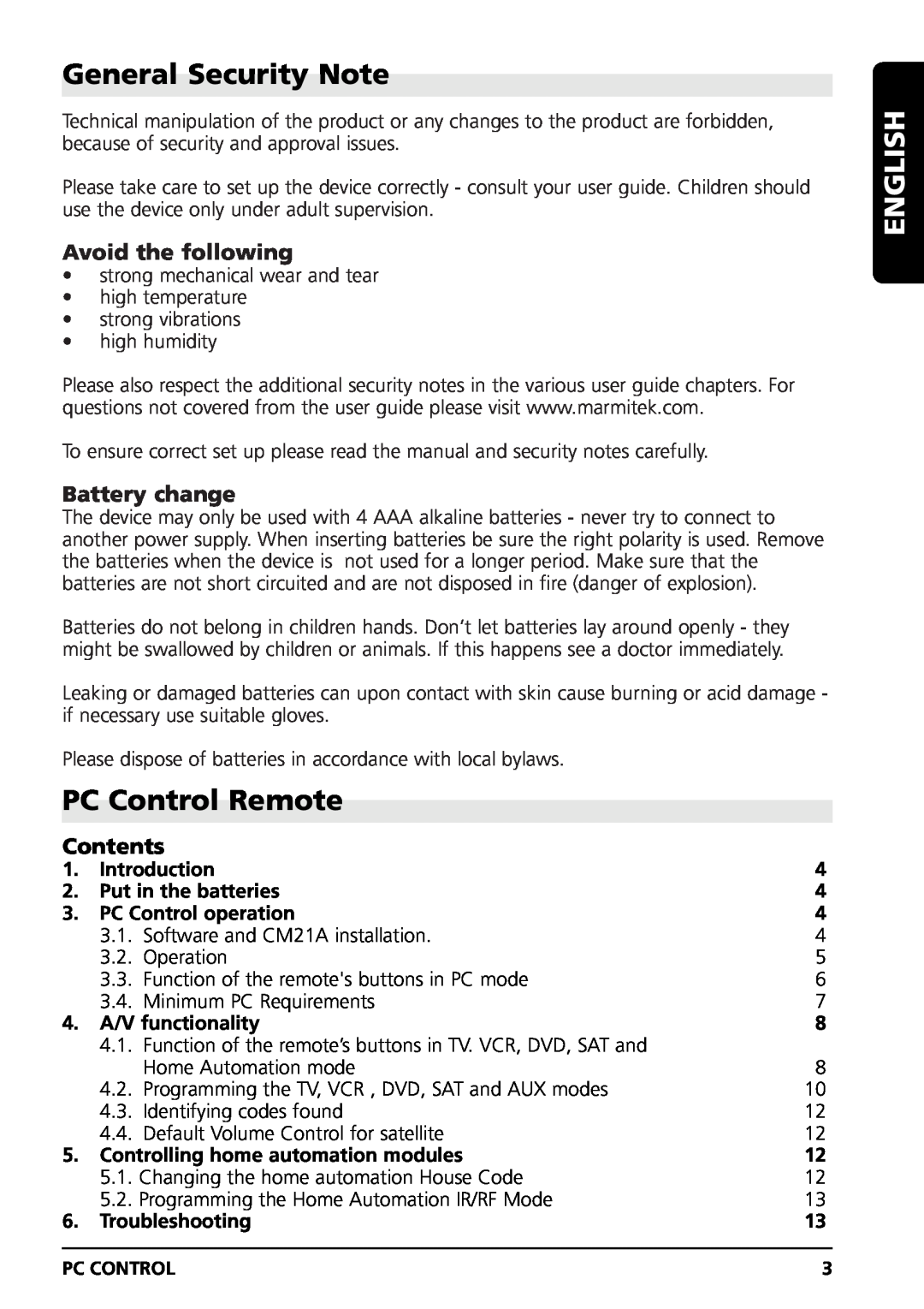 Marmitek PC CONTROL General Security Note, PC Control Remote, English, Avoid the following, Battery change, Contents 