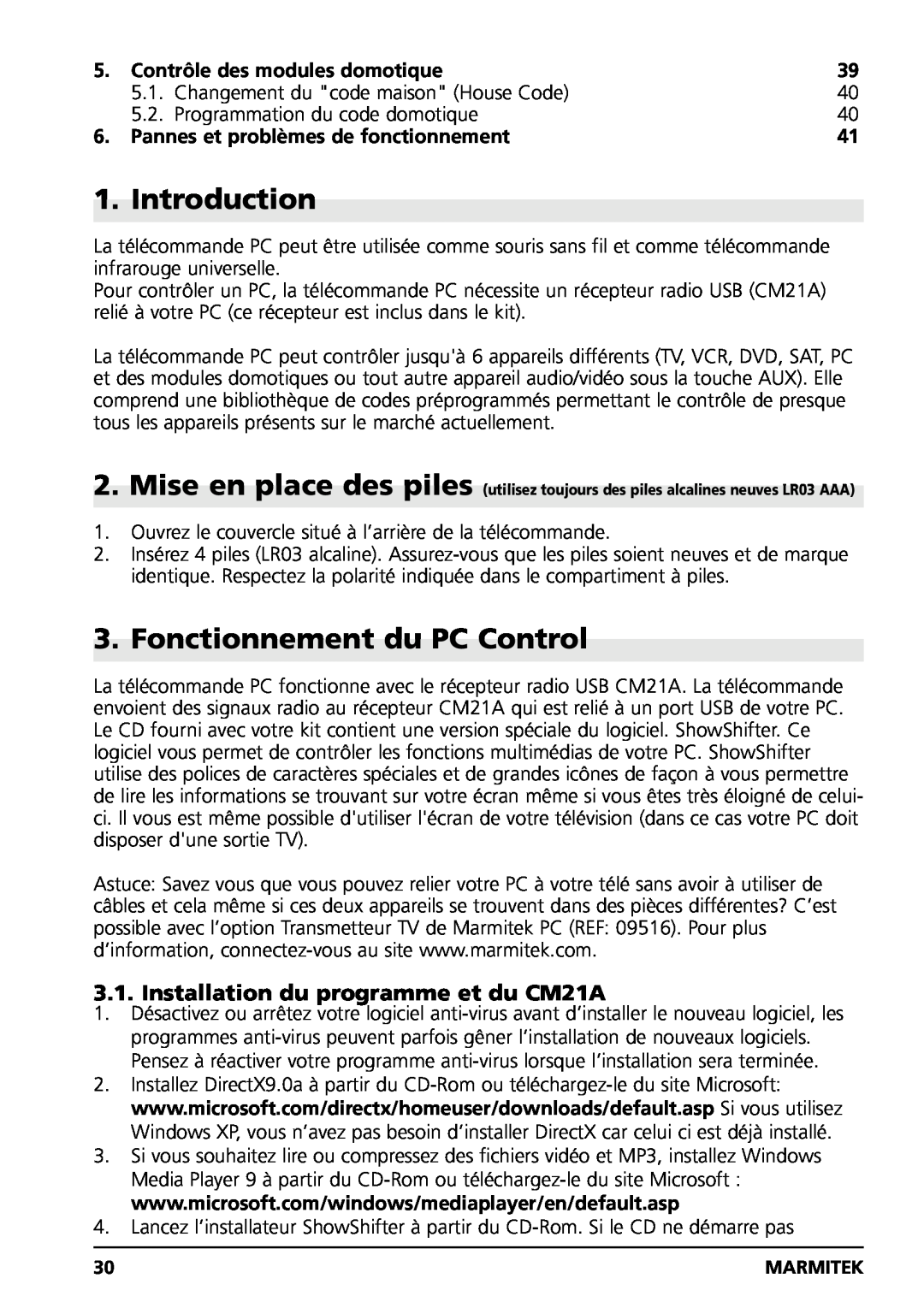 Marmitek PC CONTROL Fonctionnement du PC Control, Installation du programme et du CM21A, Contrôle des modules domotique 