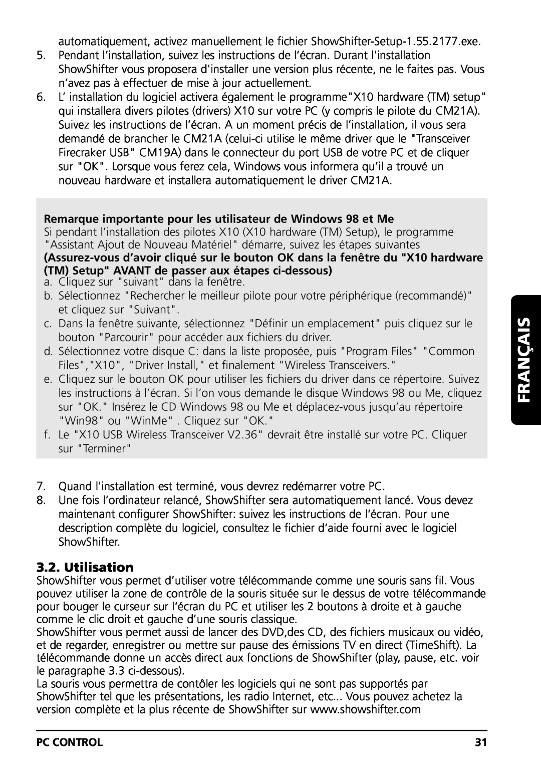 Marmitek PC CONTROL owner manual Utilisation, Remarque importante pour les utilisateur de Windows 98 et Me, Français 