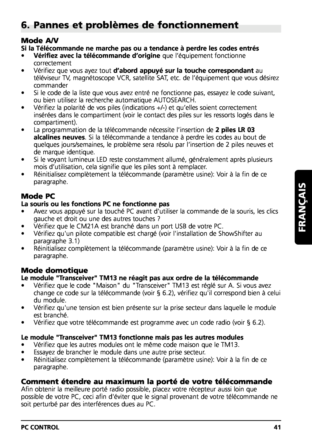 Marmitek PC CONTROL owner manual Pannes et problèmes de fonctionnement, Mode A/V, Mode PC, Mode domotique, Français 